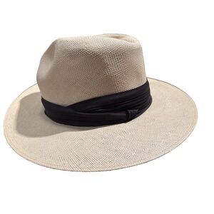 Vintage Vendome Shantung Straw Fedora Medium Made in USA Black Grosgrain Band